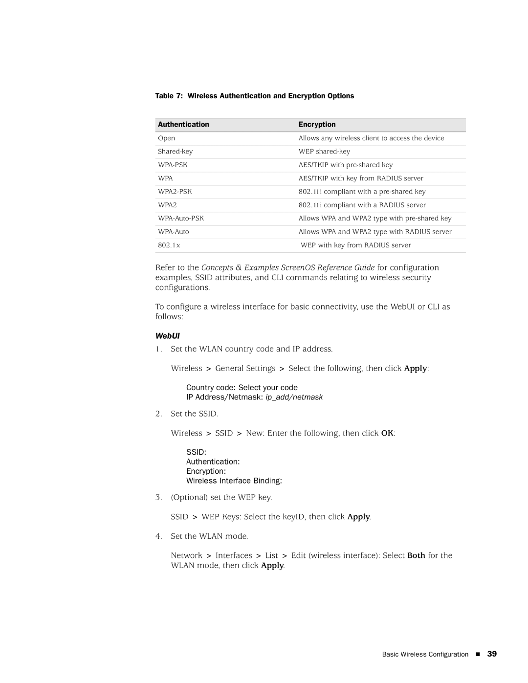 Juniper Networks SSG 20 manual Wireless Authentication and Encryption Options, Wpa-Psk, WPA2-PSK 