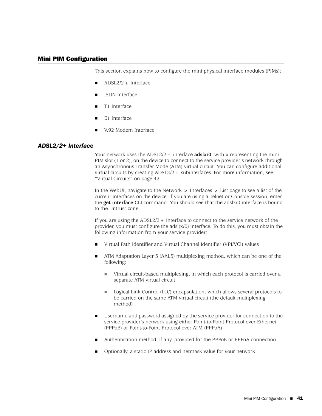 Juniper Networks SSG 20 manual Mini PIM Configuration, ADSL2/2+ Interface 