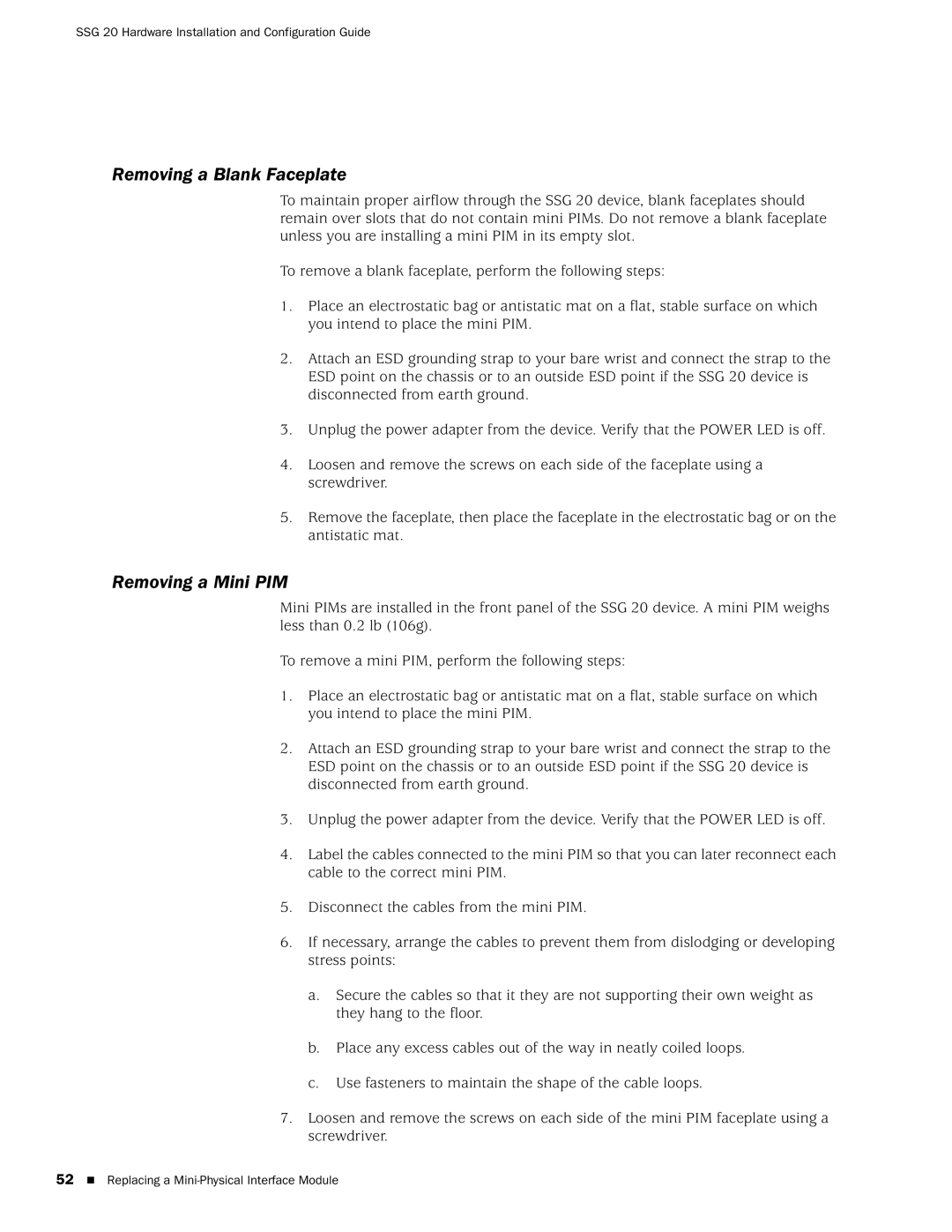 Juniper Networks SSG 20 manual Removing a Blank Faceplate, Removing a Mini PIM 