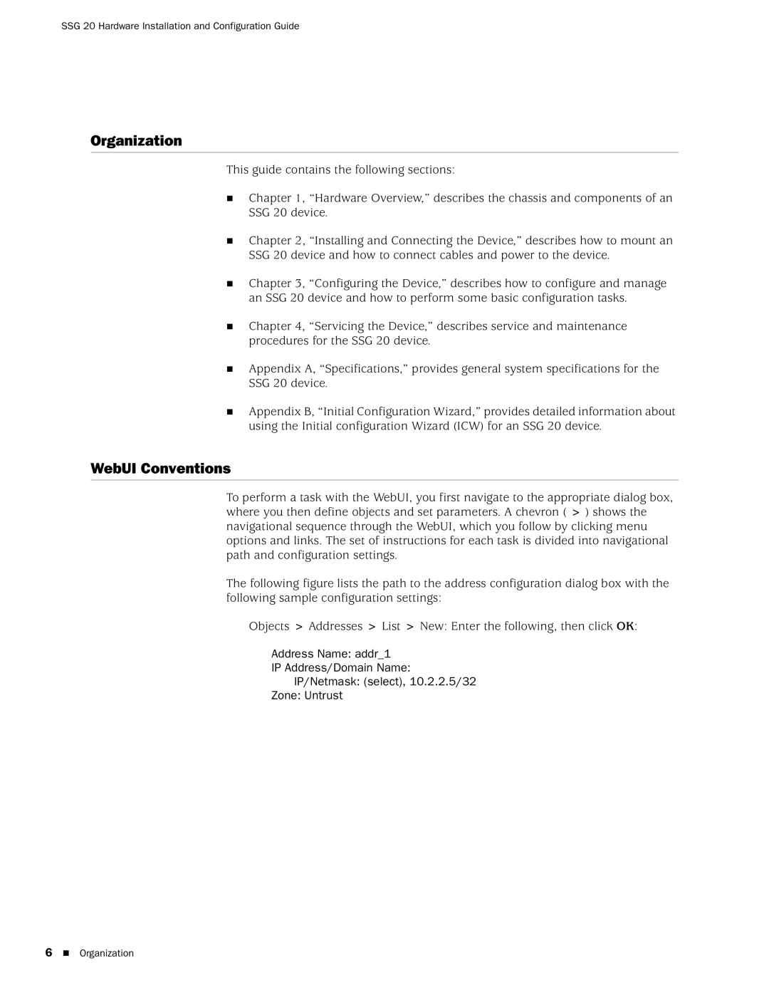 Juniper Networks SSG 20 manual Organization, WebUI Conventions 