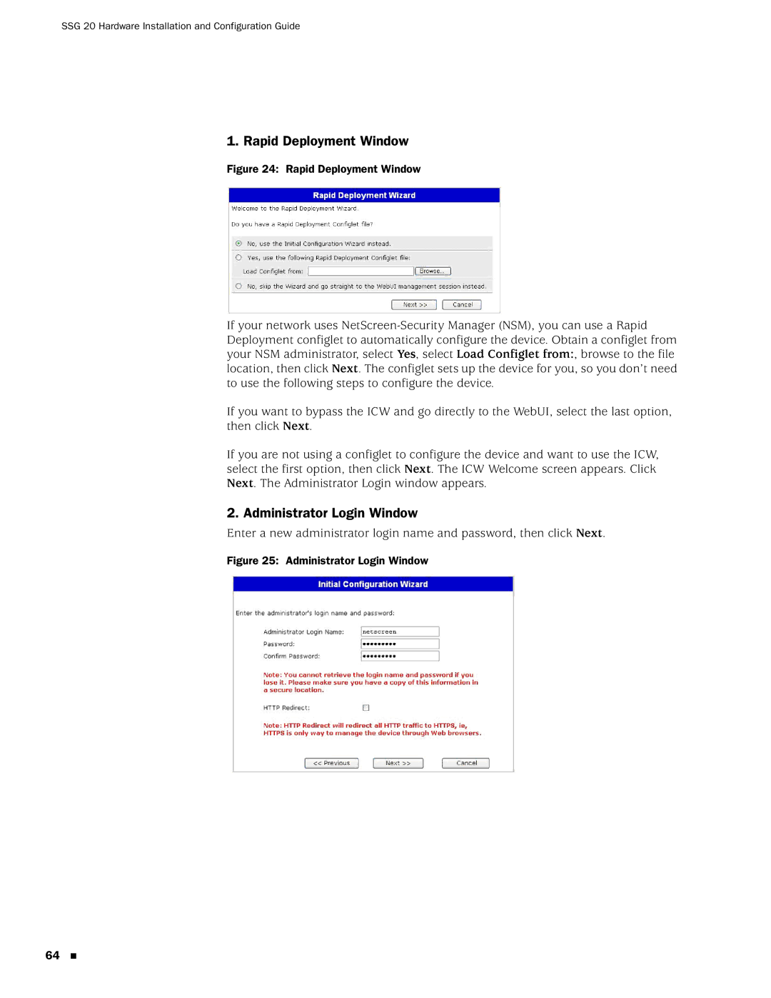 Juniper Networks SSG 20 manual Rapid Deployment Window, Administrator Login Window 