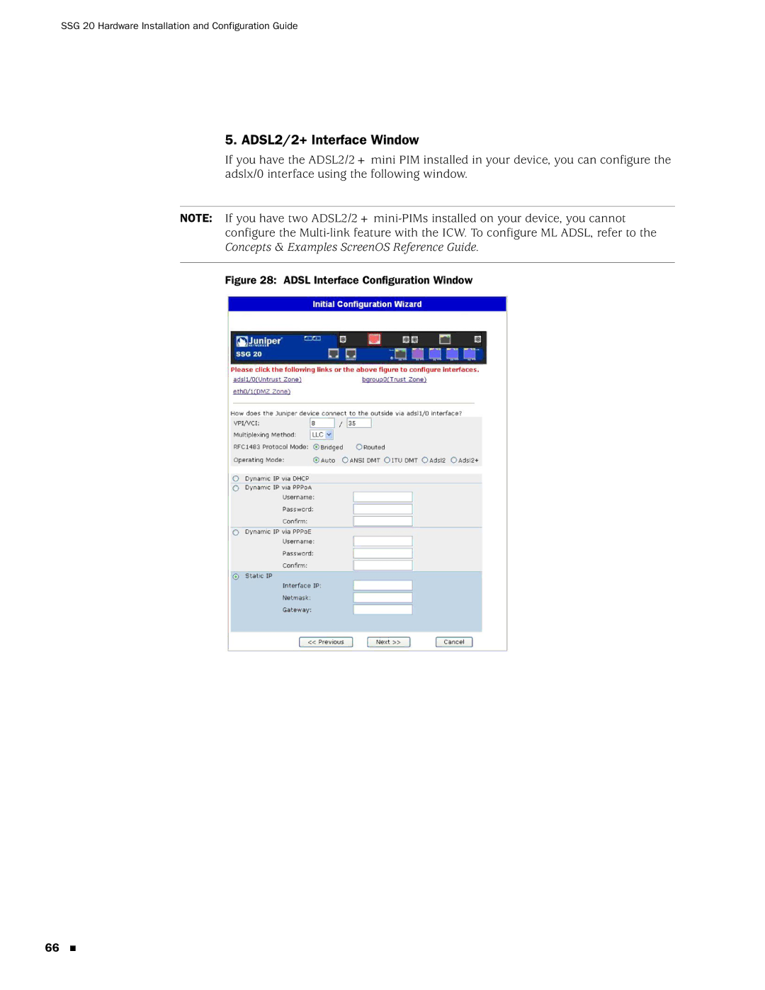 Juniper Networks SSG 20 manual ADSL2/2+ Interface Window, Adsl Interface Configuration Window 