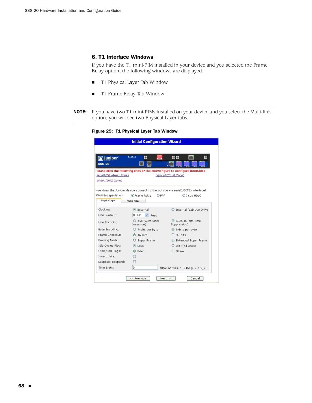 Juniper Networks SSG 20 manual T1 Interface Windows, T1 Physical Layer Tab Window 