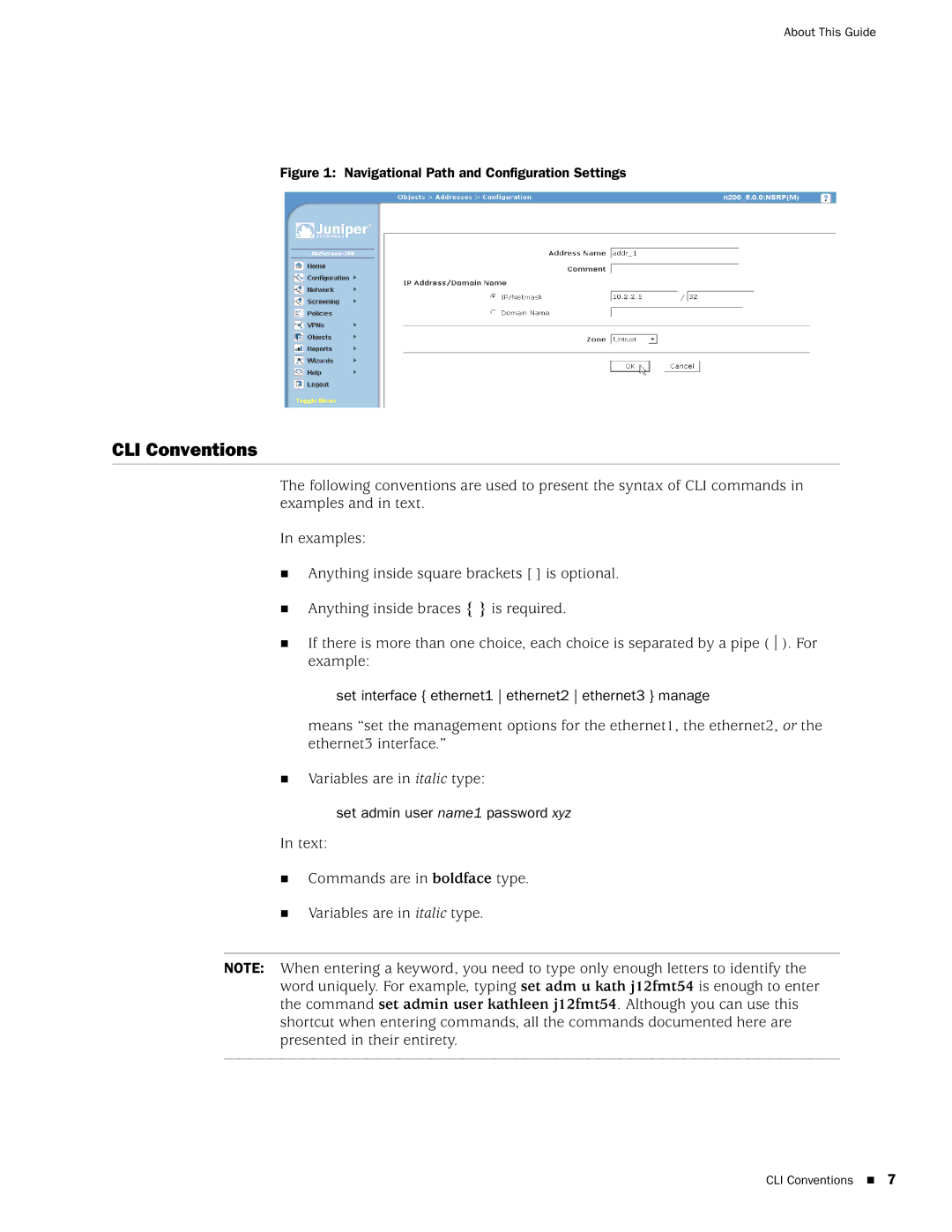 Juniper Networks SSG 20 manual CLI Conventions, Navigational Path and Configuration Settings 