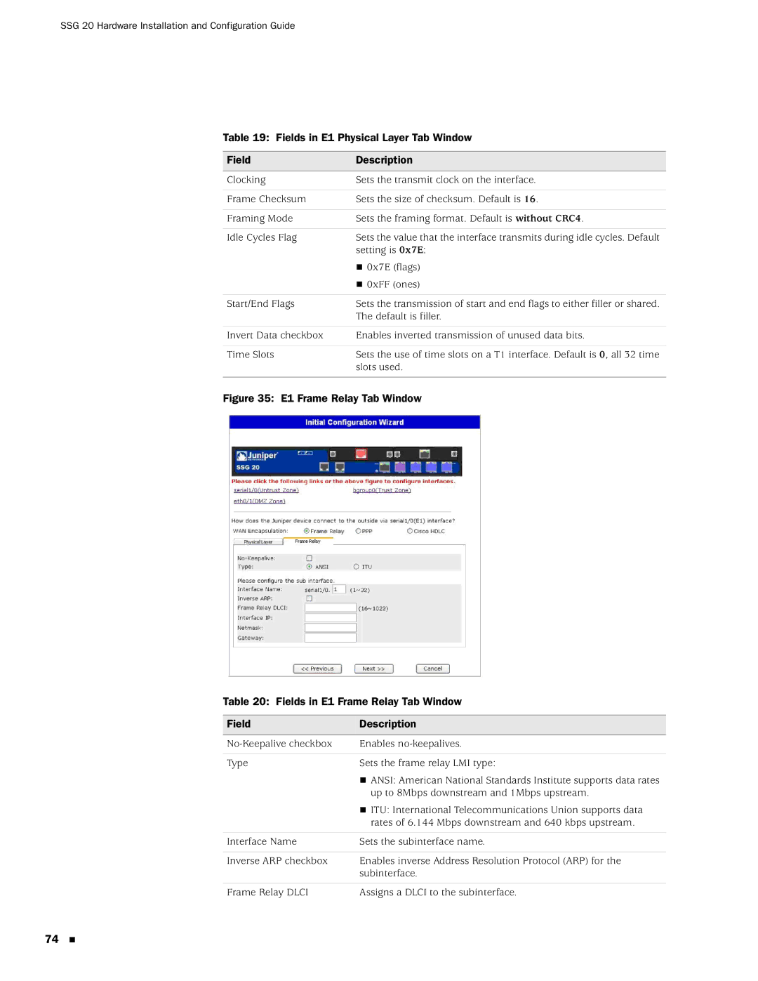 Juniper Networks SSG 20 manual Fields in E1 Physical Layer Tab Window Description 