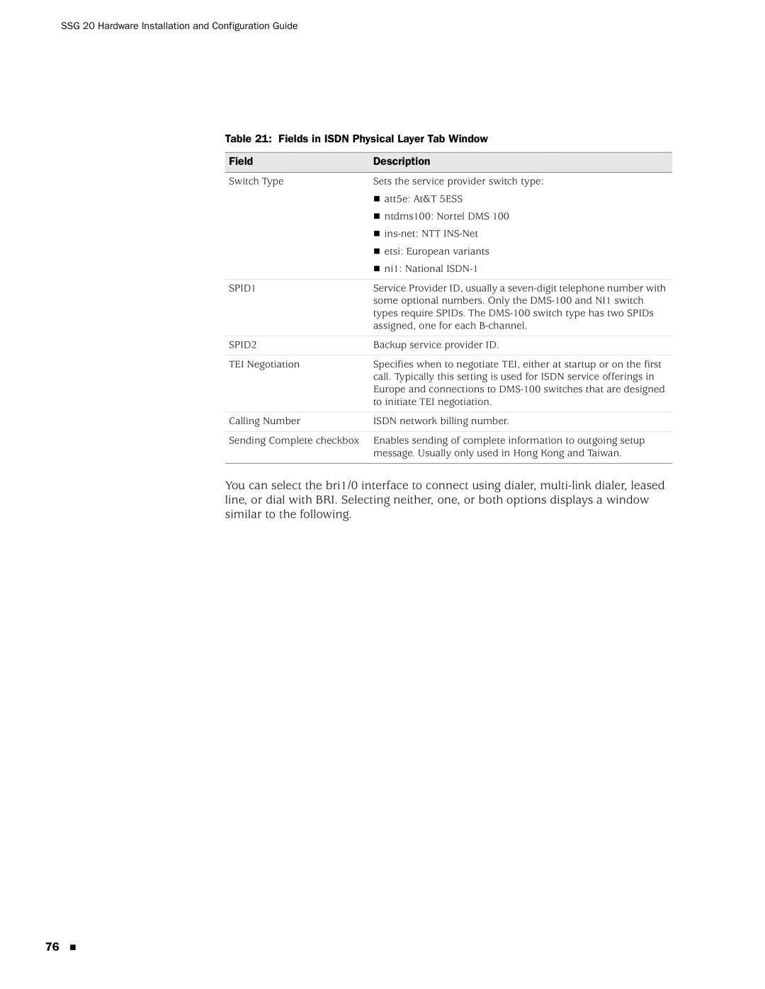 Juniper Networks SSG 20 manual Fields in Isdn Physical Layer Tab Window Description, SPID1, SPID2 