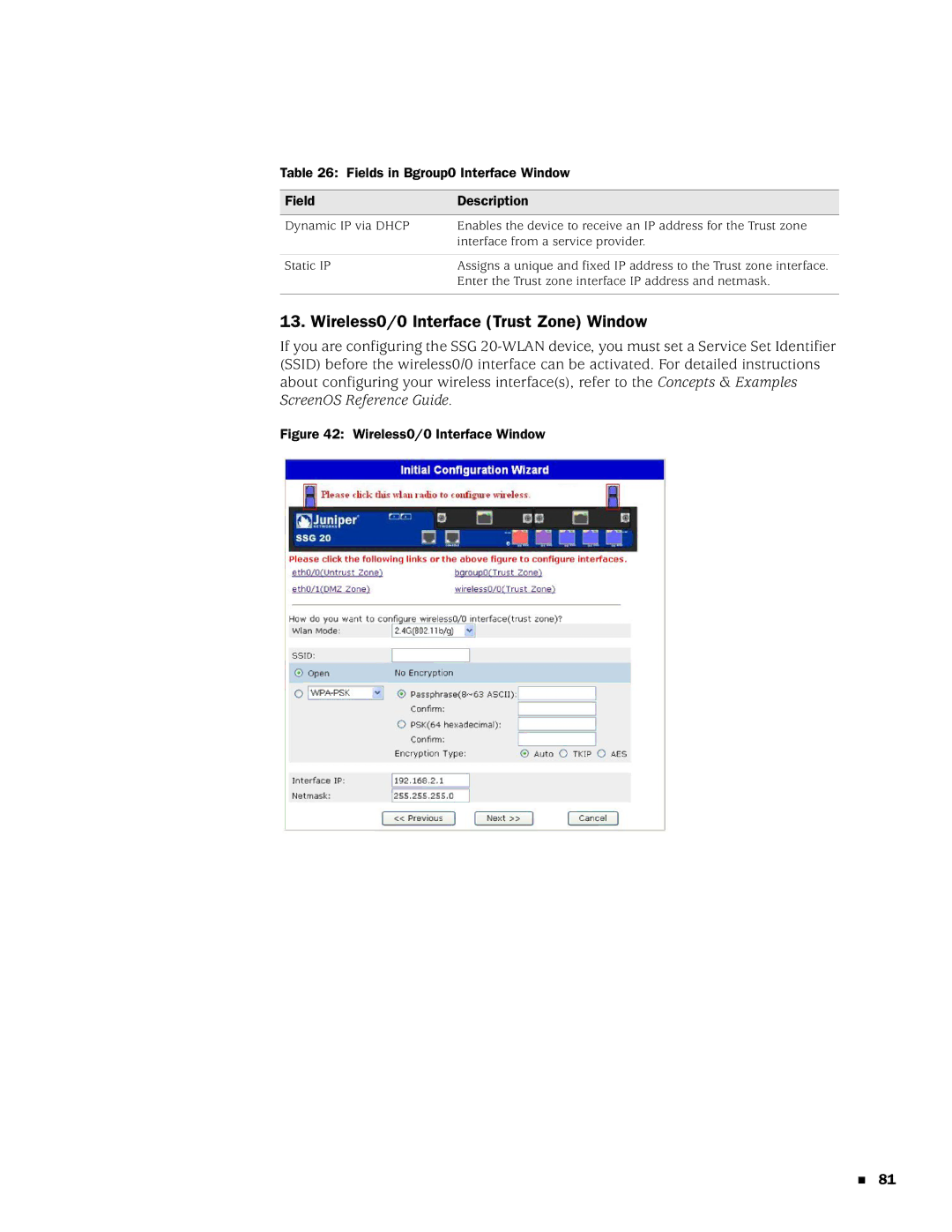 Juniper Networks SSG 20 manual Wireless0/0 Interface Trust Zone Window, Fields in Bgroup0 Interface Window Description 