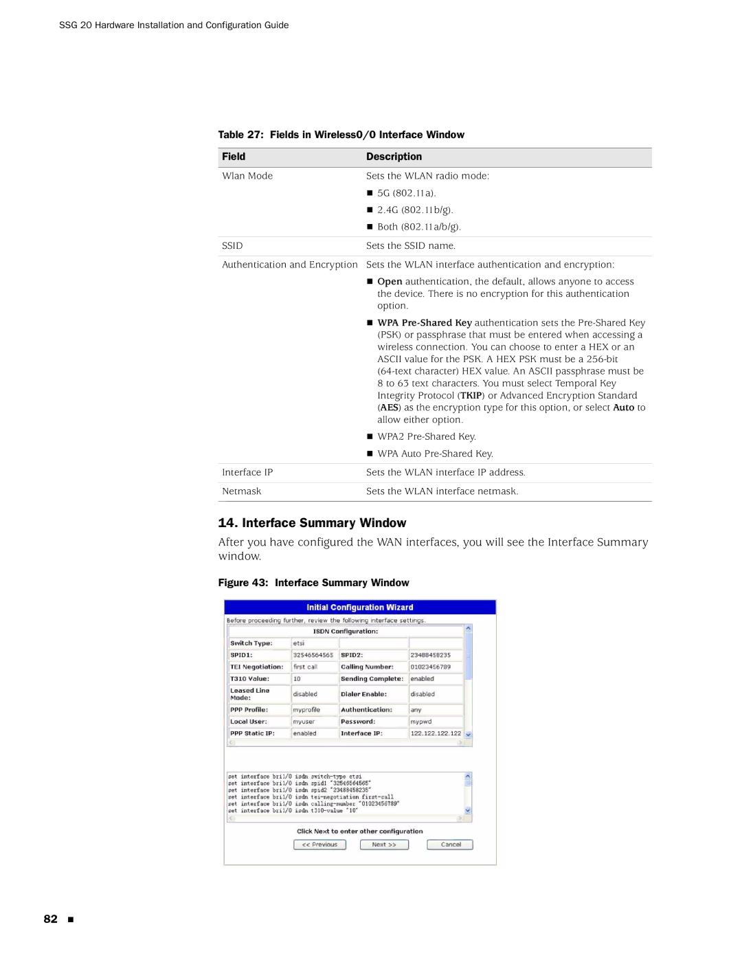 Juniper Networks SSG 20 manual Interface Summary Window, Fields in Wireless0/0 Interface Window Description, Ssid 