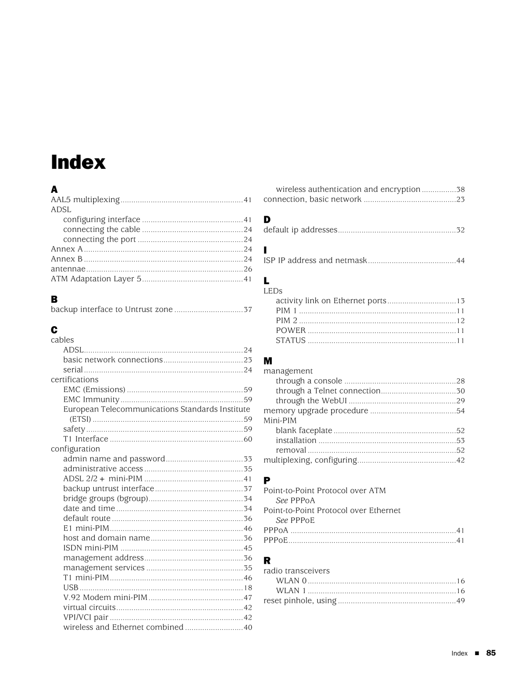 Juniper Networks SSG 20 manual Index, Adsl 