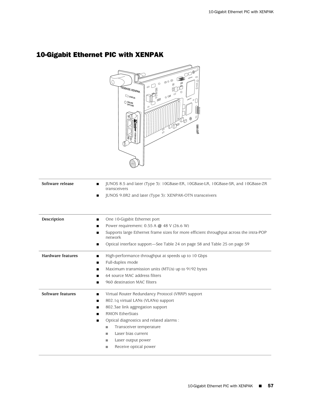 Juniper Networks T1600 manual Gigabit Ethernet PIC with Xenpak 