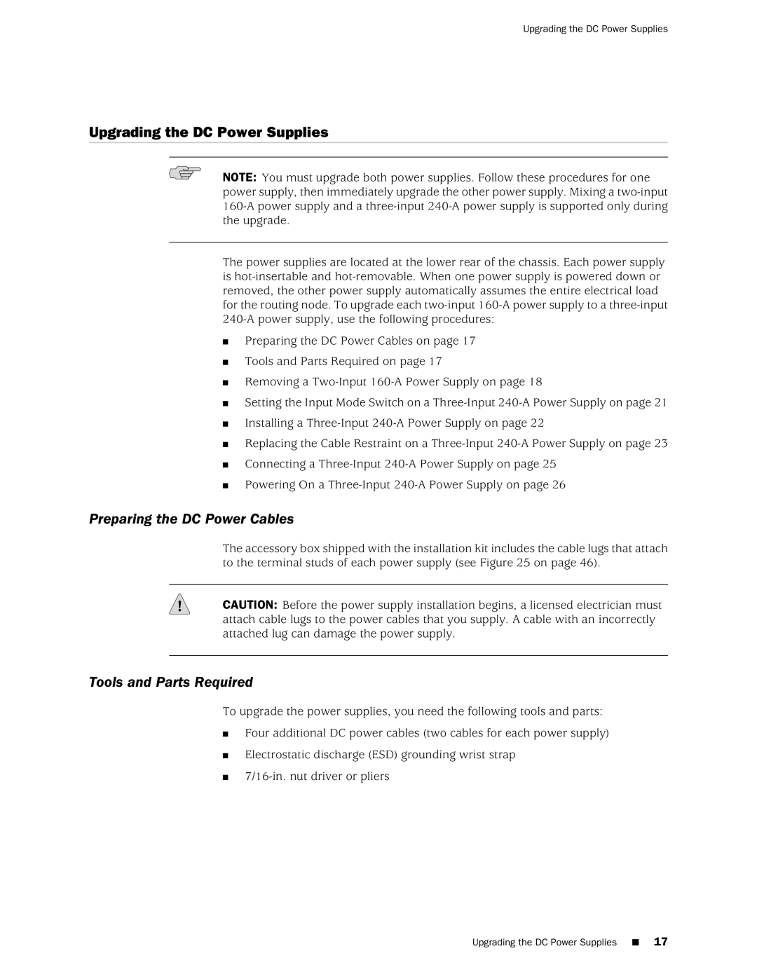 Juniper Networks T1600 manual Upgrading the DC Power Supplies, Preparing the DC Power Cables, Tools and Parts Required 