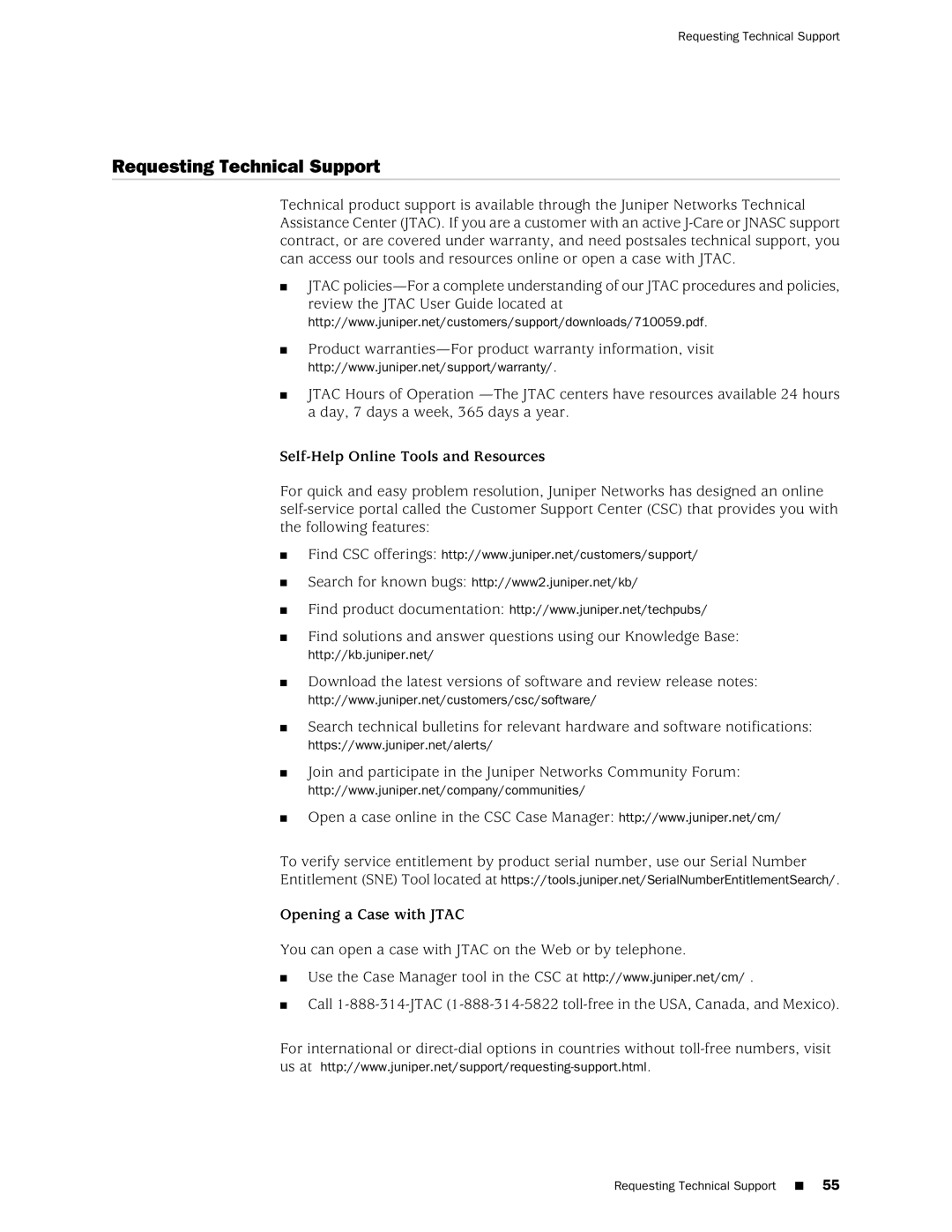 Juniper Networks T1600 manual Requesting Technical Support, Self-Help Online Tools and Resources 