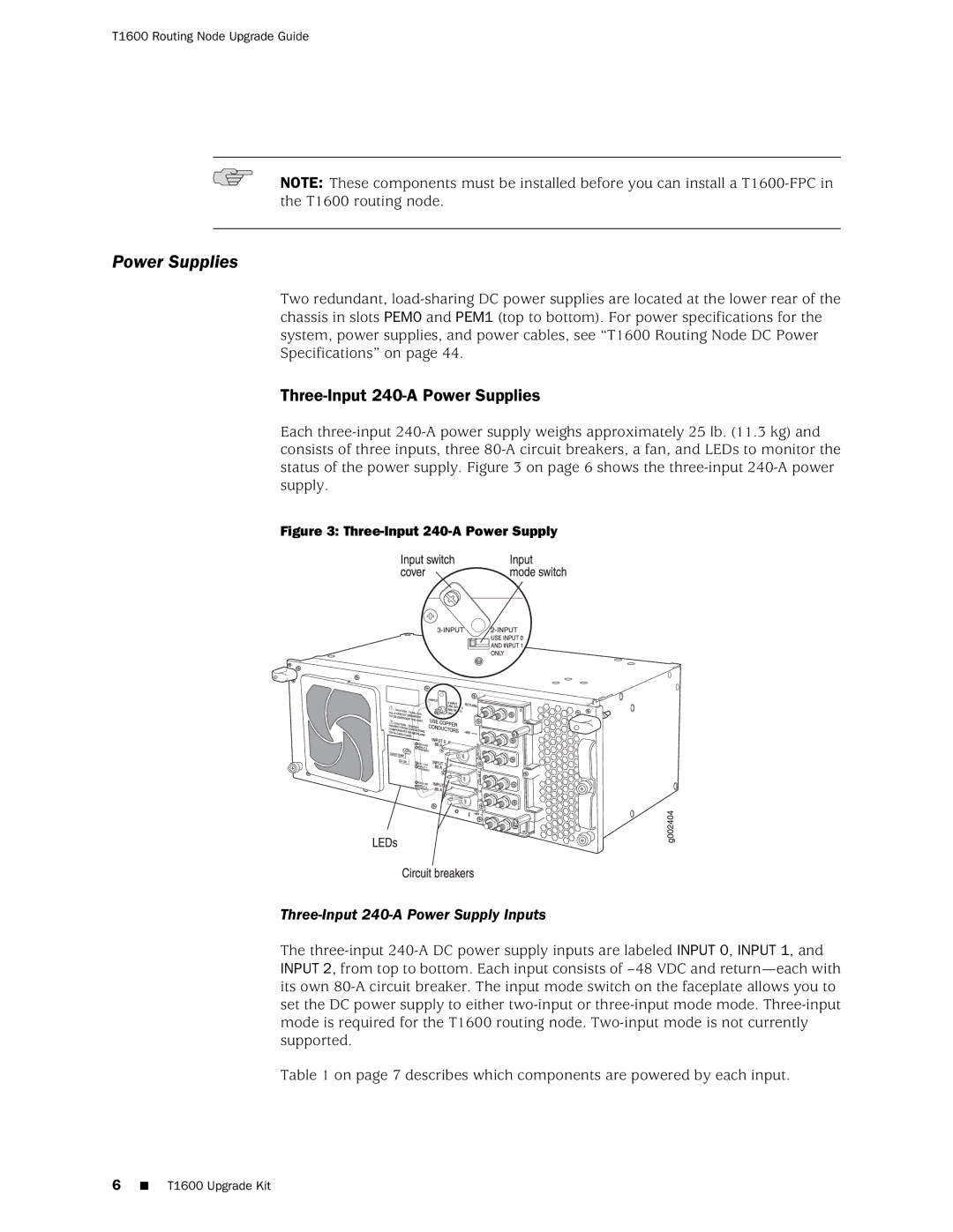 Juniper Networks T1600 manual Power Supplies, Three-Input 240-A Power Supply 