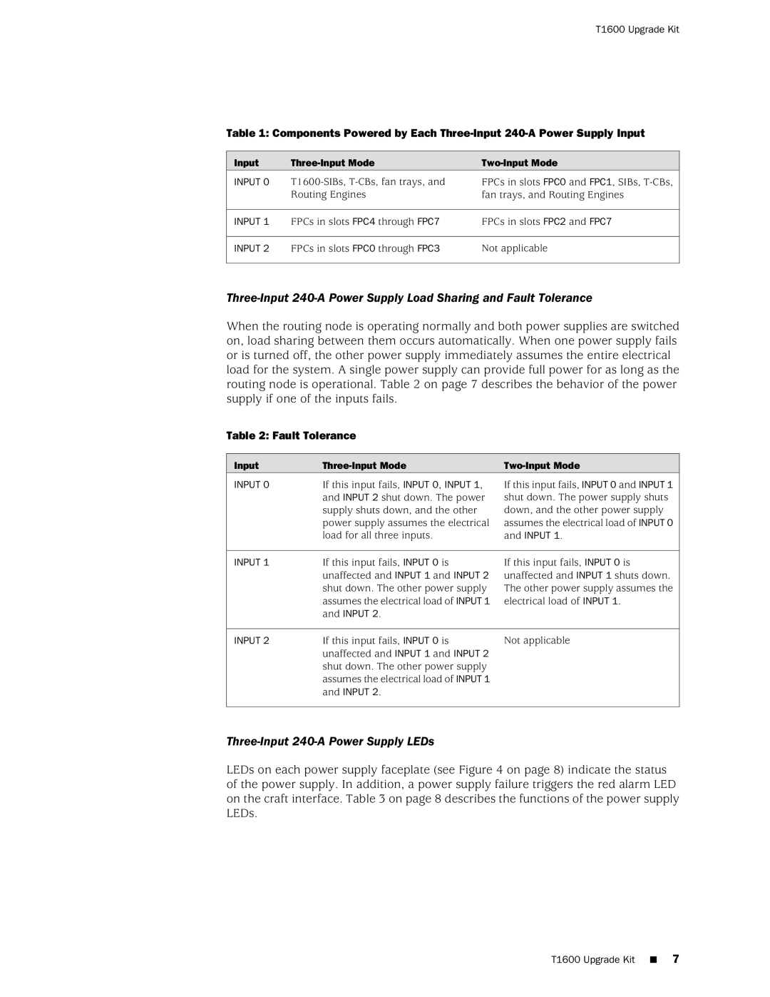 Juniper Networks T1600 manual Fault Tolerance, Input Three-Input Mode Two-Input Mode 