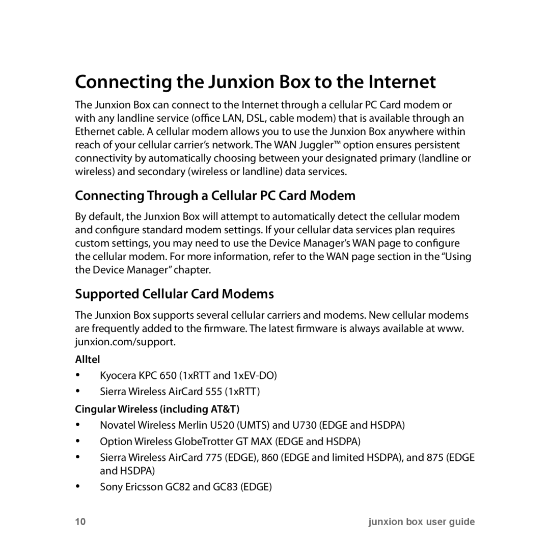 Junxion JB-110B, JB110E manual Connecting the Junxion Box to the Internet, Connecting Through a Cellular PC Card Modem 