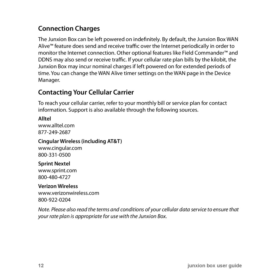 Junxion JB-110B, JB110E manual Connection Charges, Contacting Your Cellular Carrier 