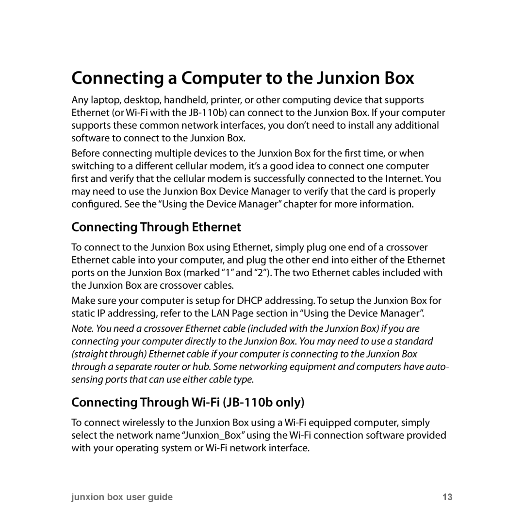 Junxion JB110E, JB-110B manual Connecting a Computer to the Junxion Box, Connecting Through Ethernet 