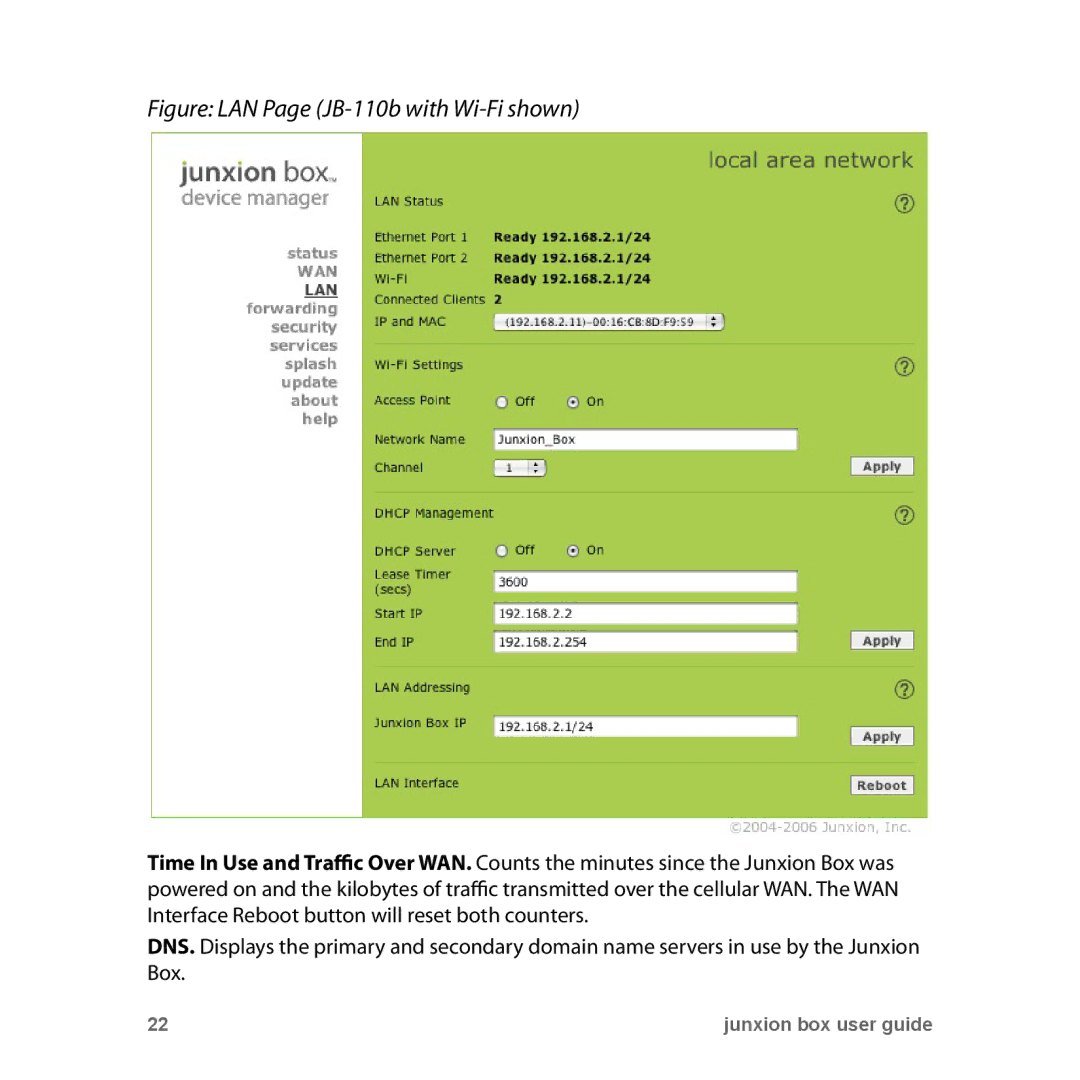 Junxion JB-110B, JB110E manual Figure LAN Page JB-110b with Wi-Fi shown 