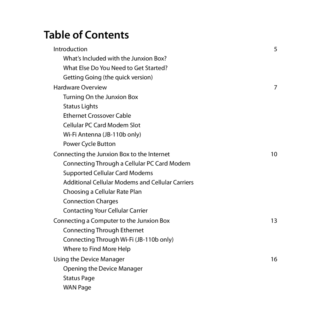 Junxion JB110E, JB-110B manual Table of Contents 