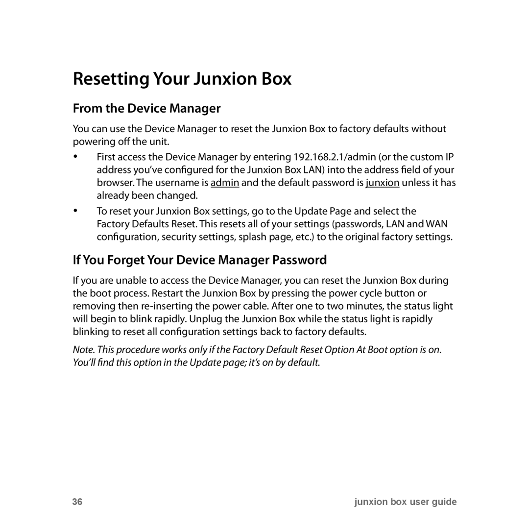 Junxion JB-110B, JB110E Resetting Your Junxion Box, From the Device Manager, If You Forget Your Device Manager Password 