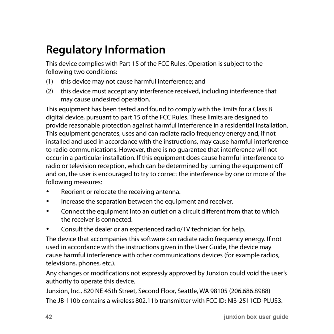 Junxion JB-110B, JB110E manual Regulatory Information 