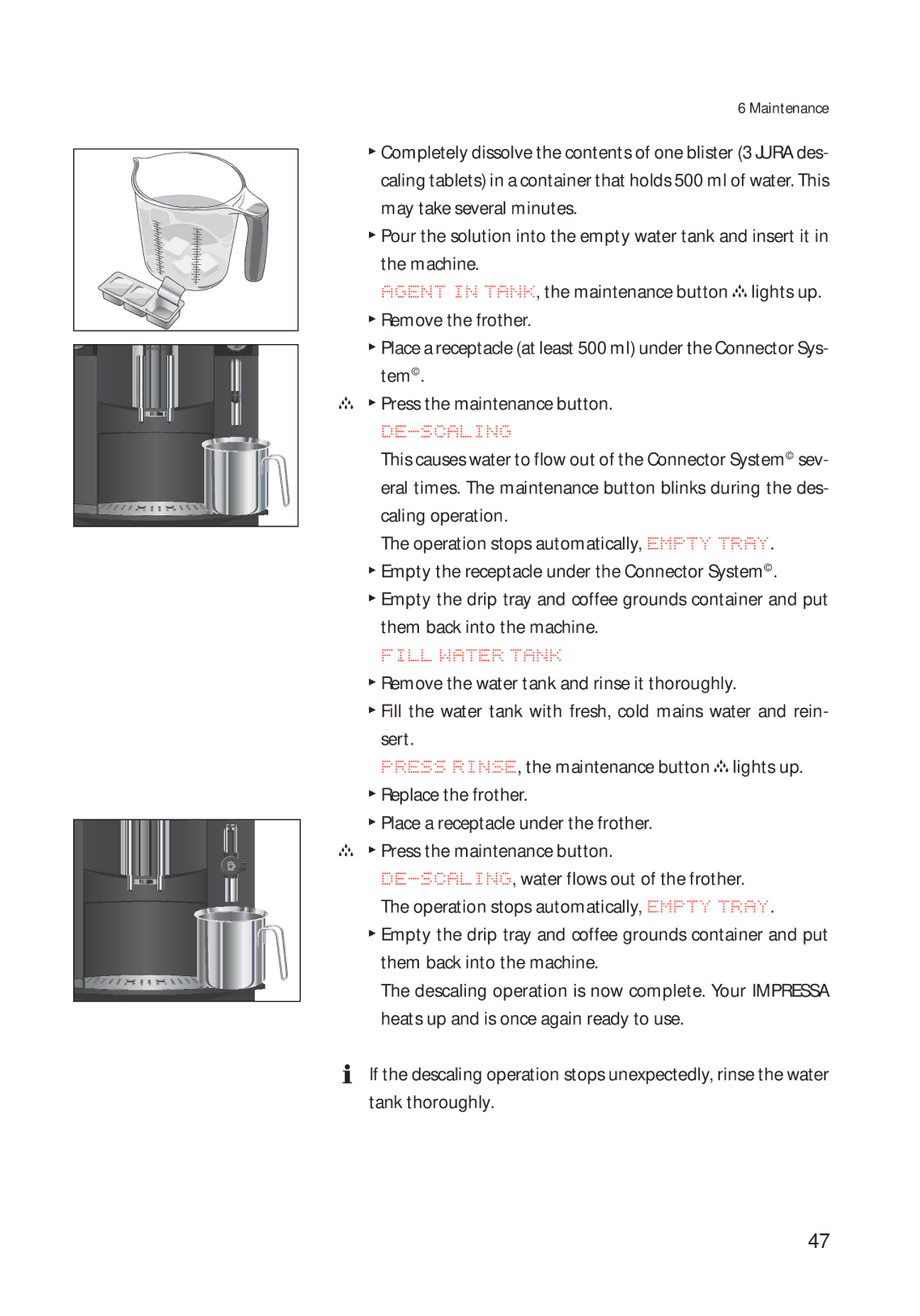 Jura Capresso 13422 manual De-Scaling, Fill Water Tank 