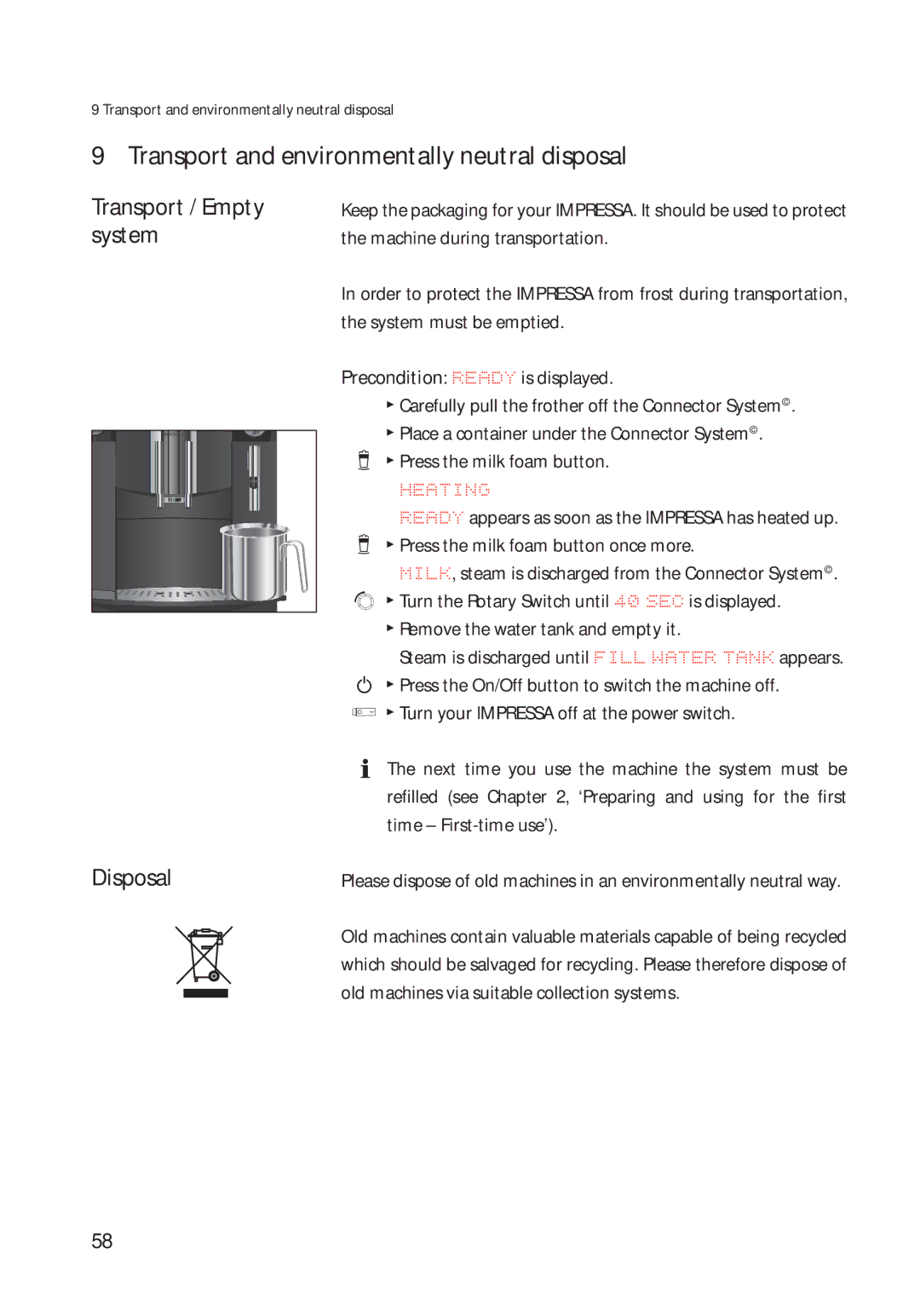 Jura Capresso 13422 manual Transport and environmentally neutral disposal, Transport / Empty system Disposal 