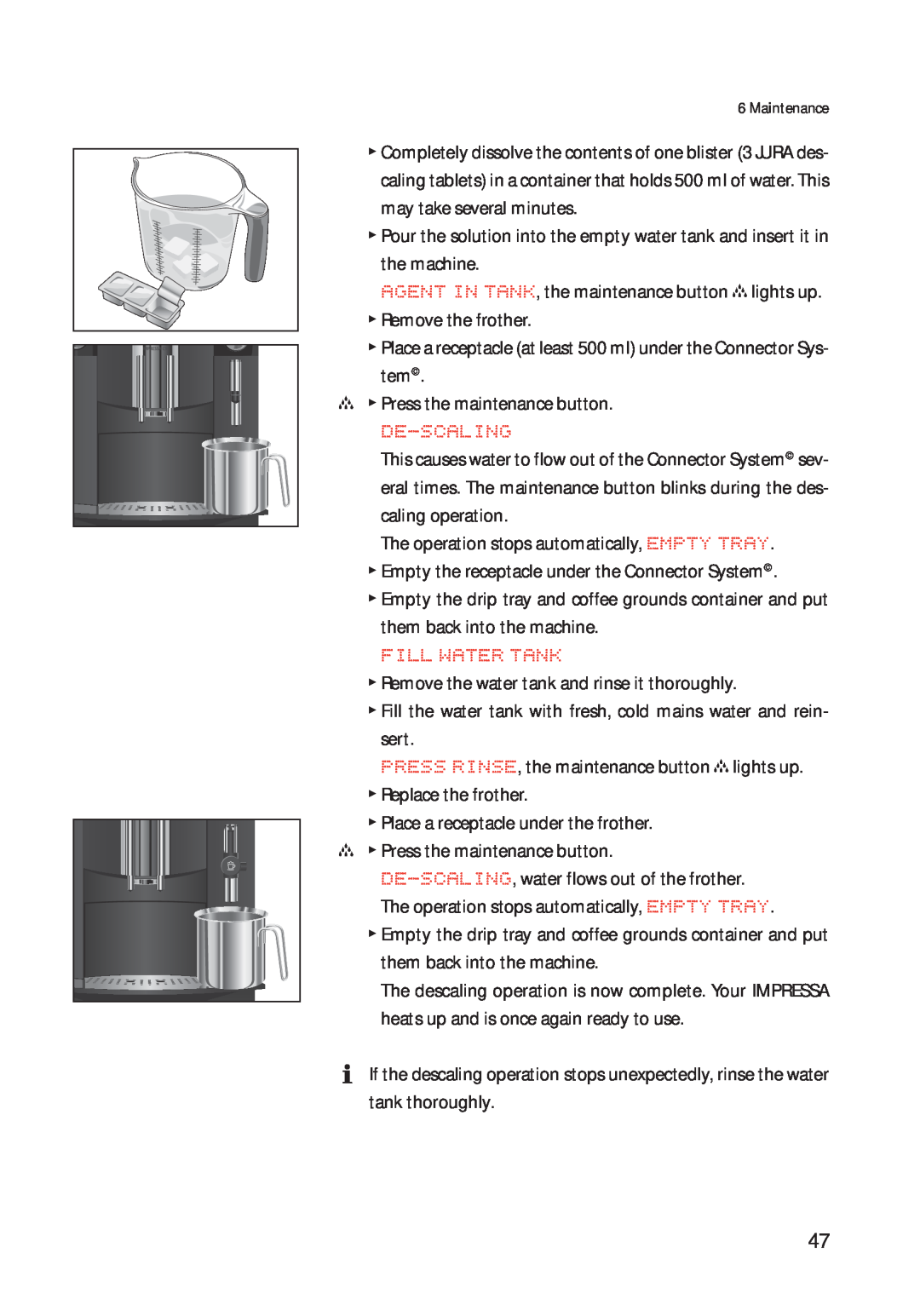Jura Capresso 13422 manual De-Scaling, Fill Water Tank 