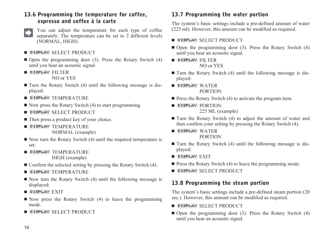 Jura Capresso 13429 manual Programming the water portion, Programming the steam portion,  Temperature,  Portion 