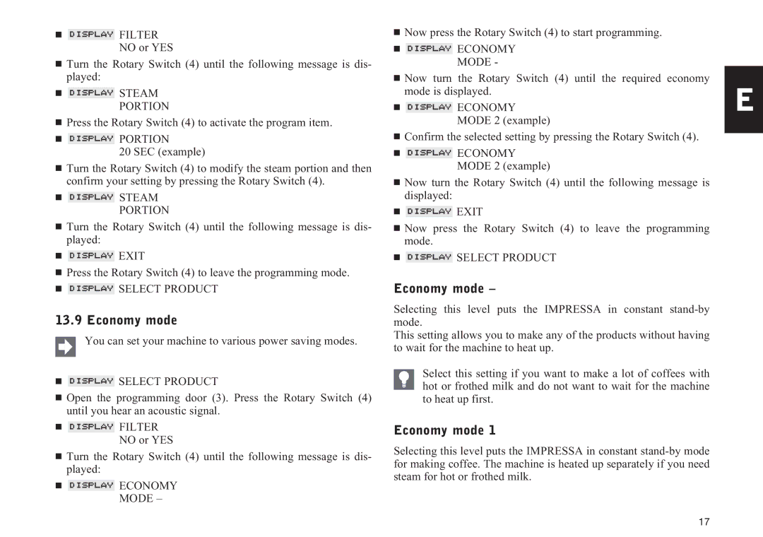 Jura Capresso 13429 manual Economy mode,  Economy Mode 
