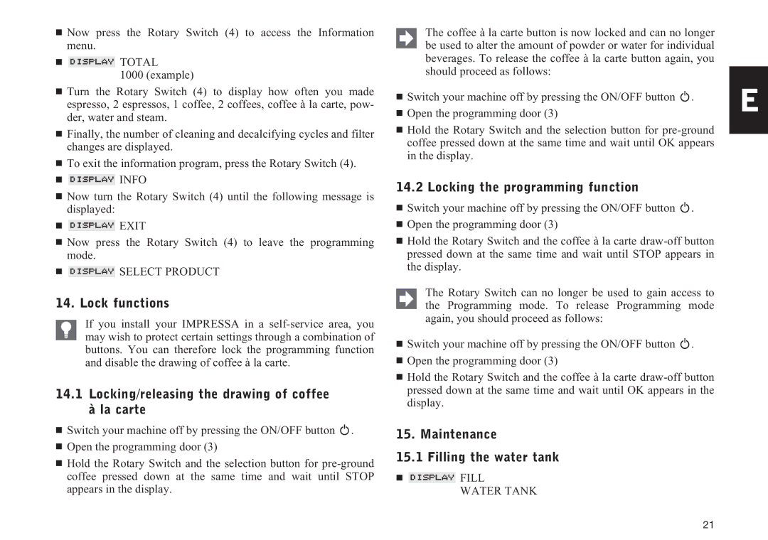 Jura Capresso 13429 Lock functions, Locking/releasing the drawing of coffee à la carte, Locking the programming function 