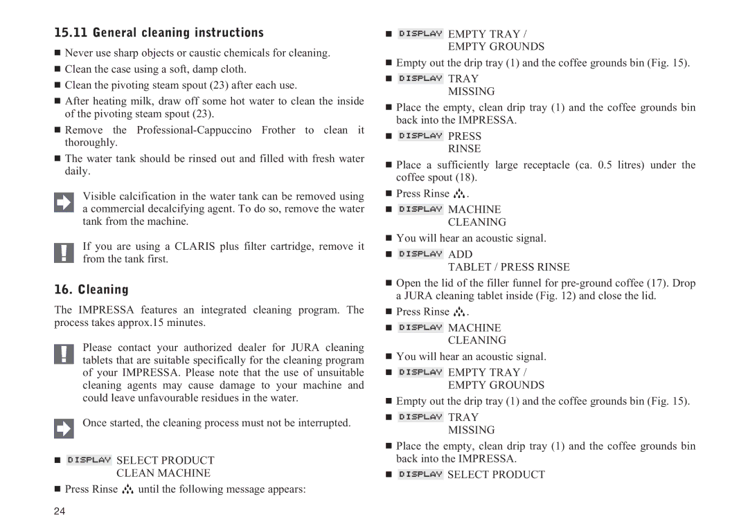 Jura Capresso 13429 manual General cleaning instructions, Cleaning 