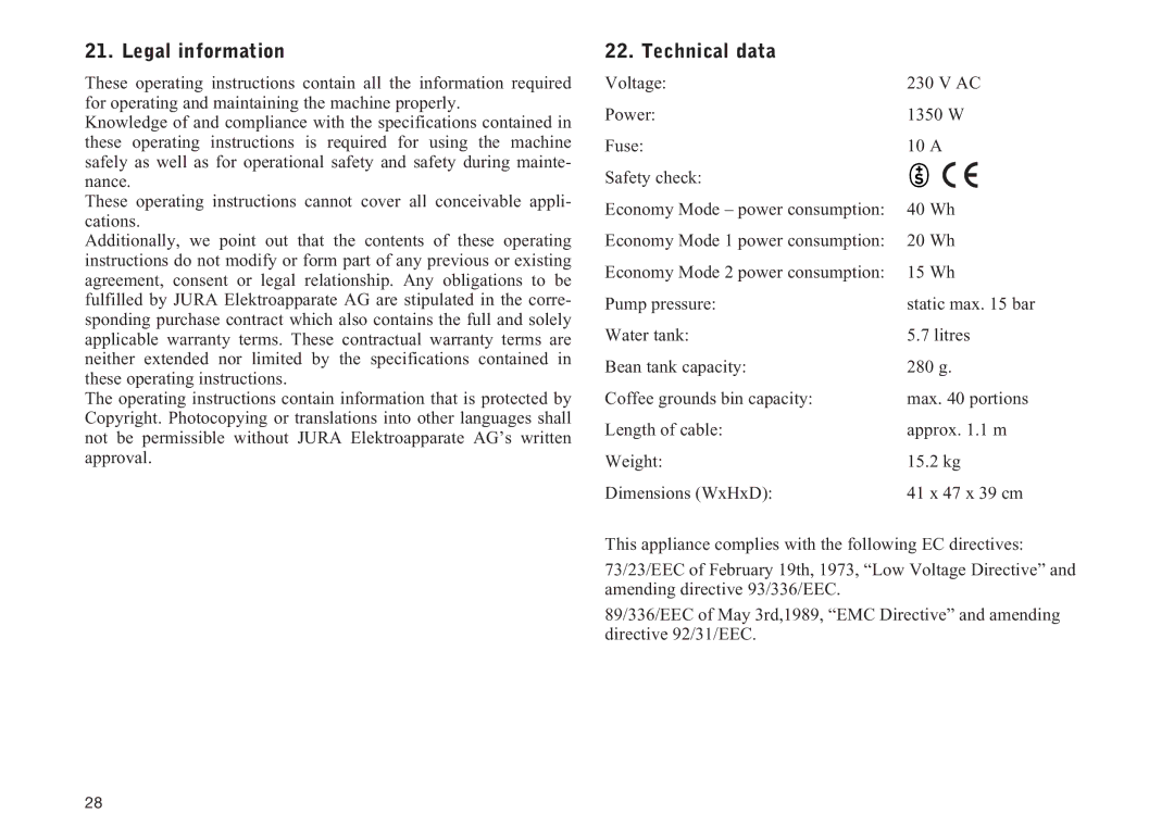 Jura Capresso 13429 manual Legal information, Technical data 