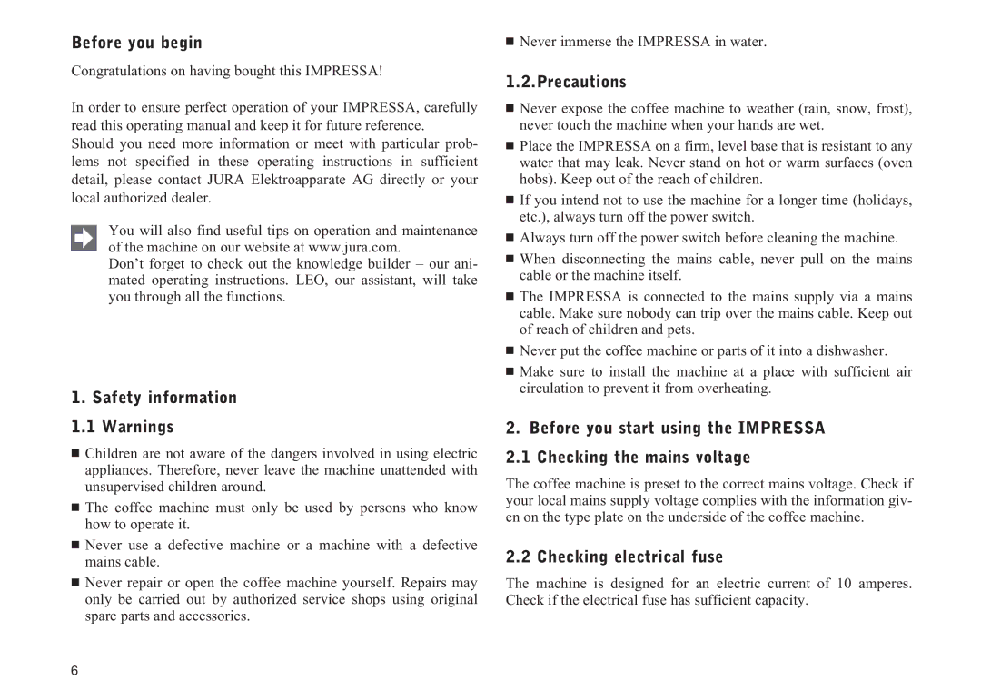 Jura Capresso 13429 manual Before you begin, Safety information 1.1 Warnings, Precautions, Checking electrical fuse 