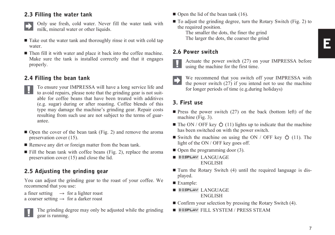 Jura Capresso 13429 Filling the water tank, Filling the bean tank, Adjusting the grinding gear, Power switch, First use 