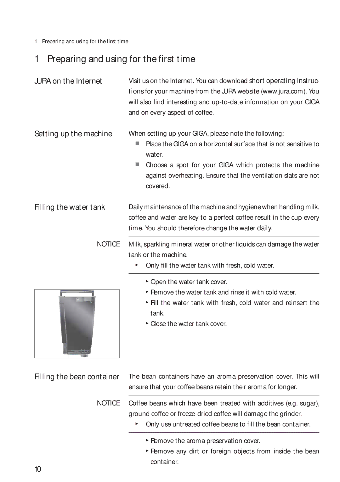 Jura Capresso 13623 manual Preparing and using for the first time, Jura on the Internet, Setting up the machine 