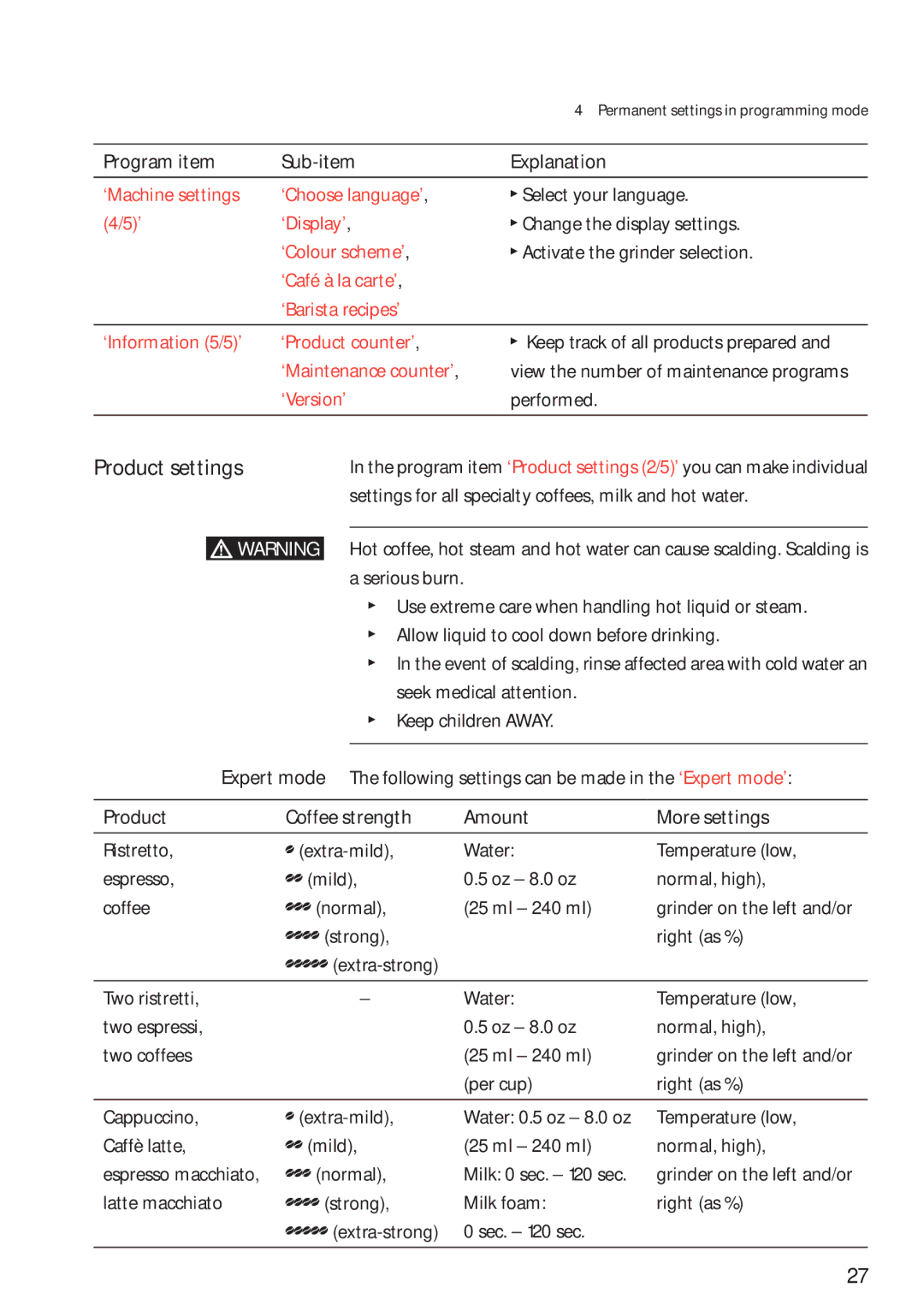 Jura Capresso 13623 manual Product settings 