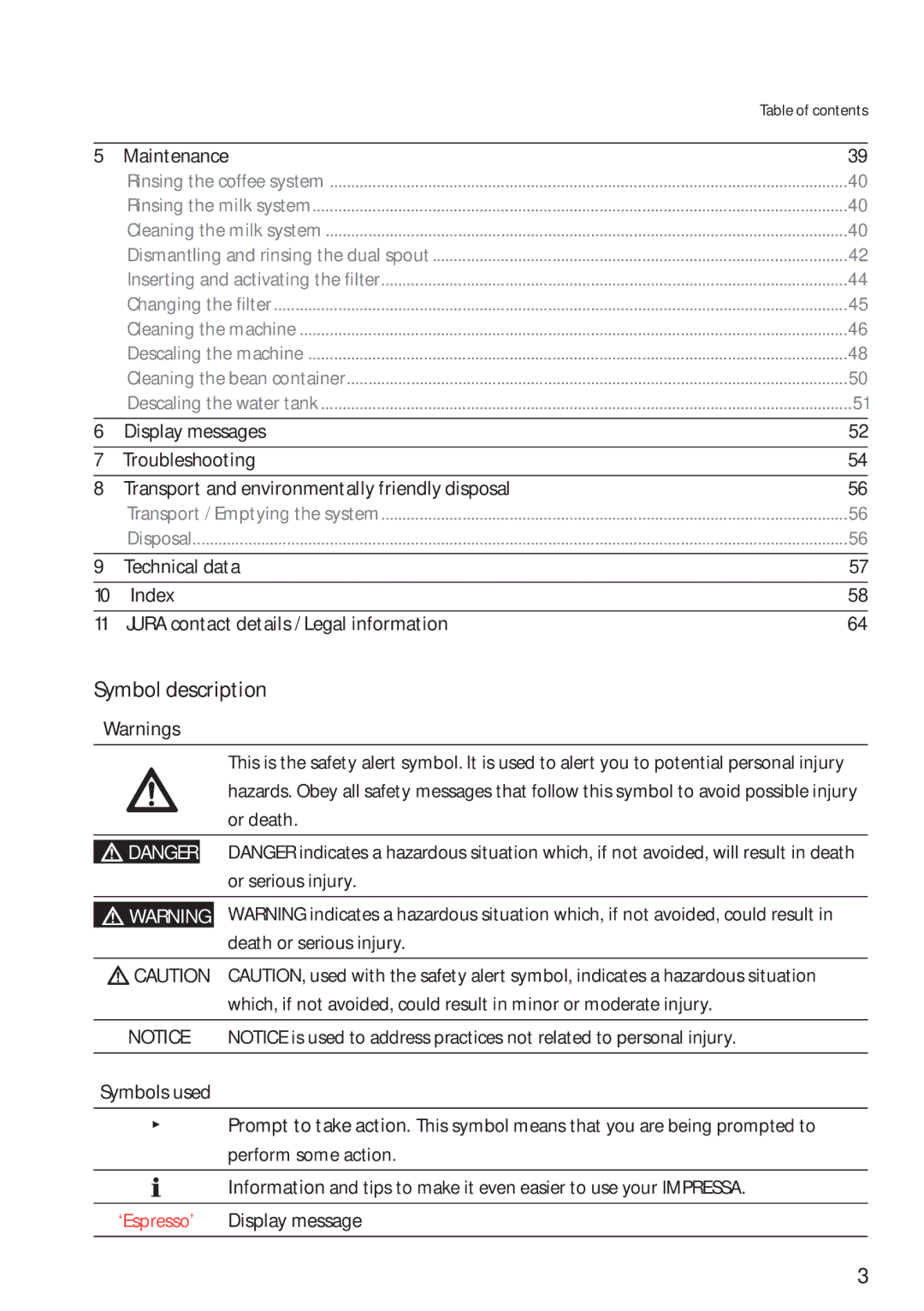 Jura Capresso 13623 manual Symbol description, Maintenance 