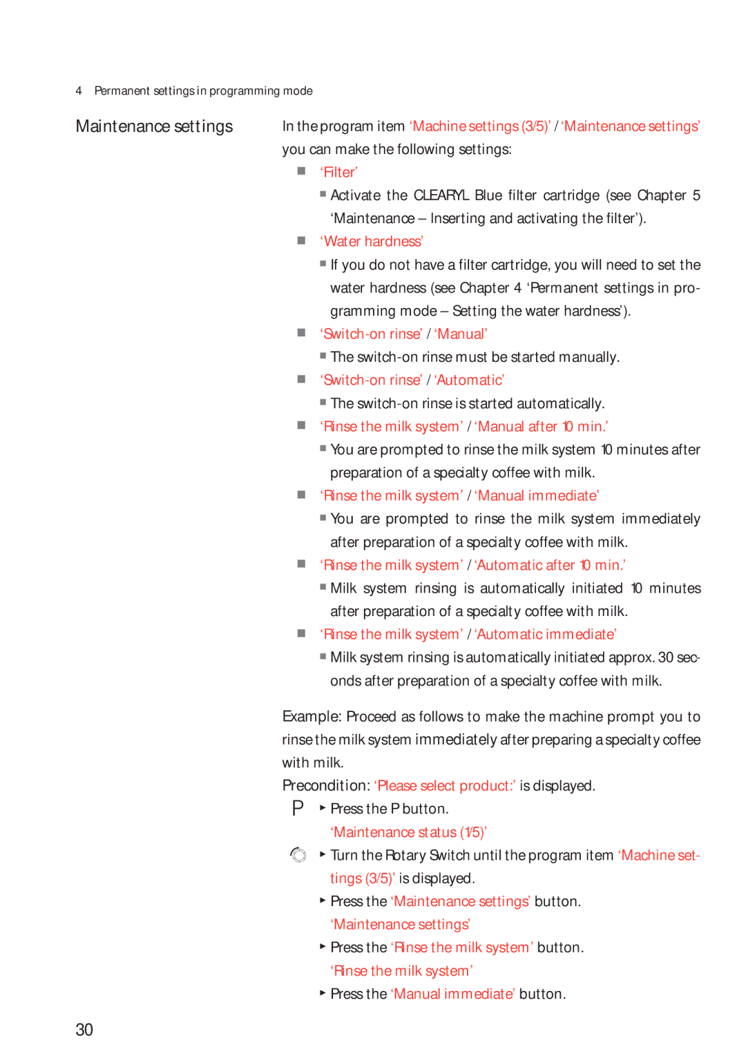 Jura Capresso 13623 manual Maintenance settings 