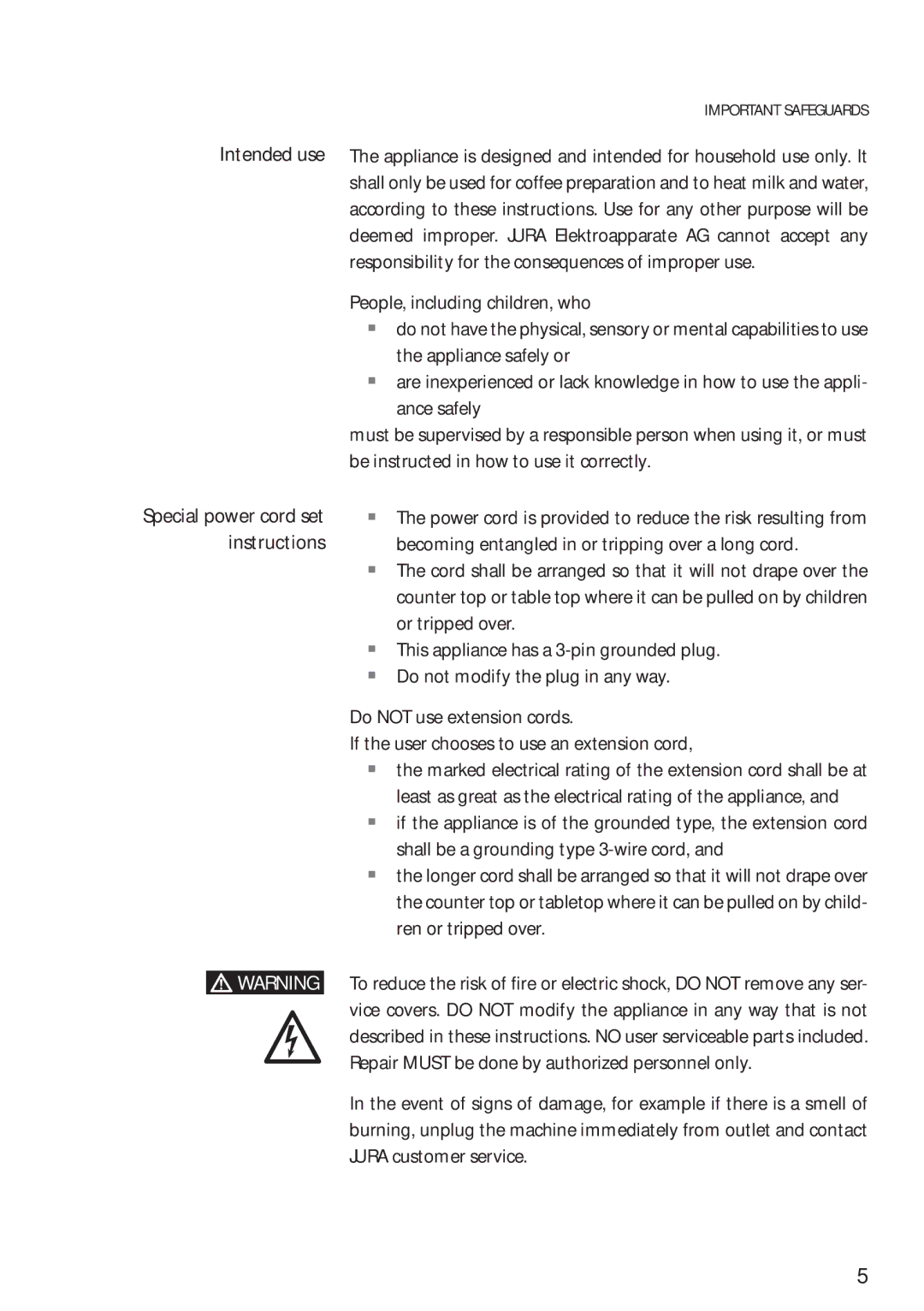 Jura Capresso 13623 manual Special power cord set instructions 