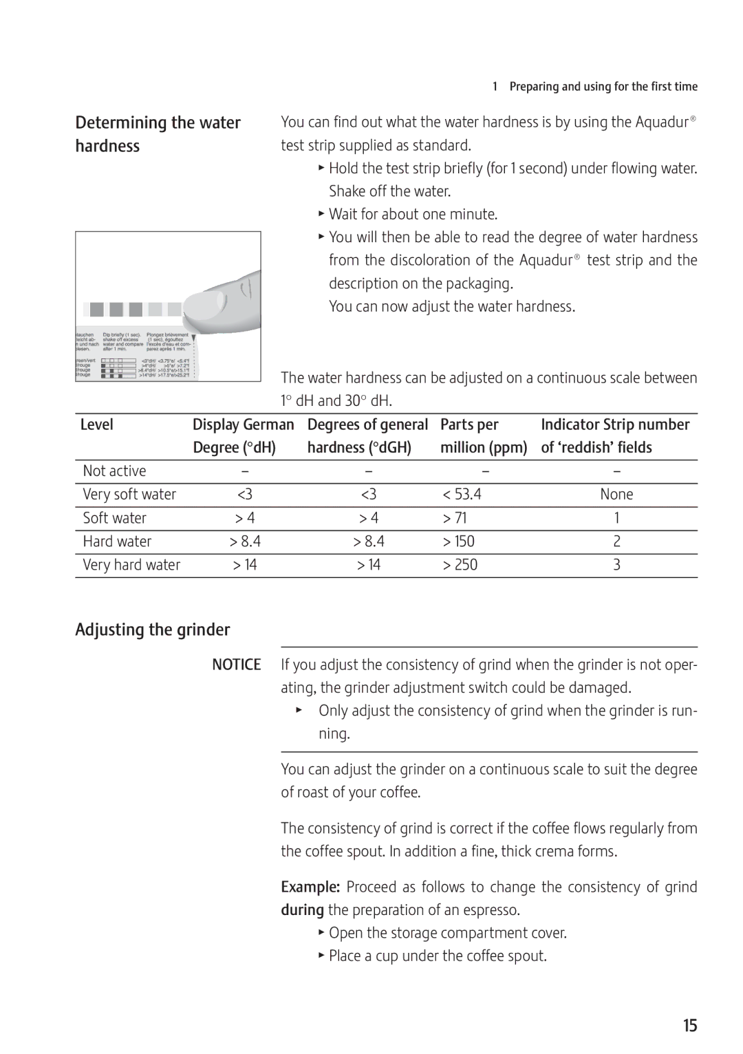 Jura Capresso 13637 manual Determining the water, Hardness, Adjusting the grinder 