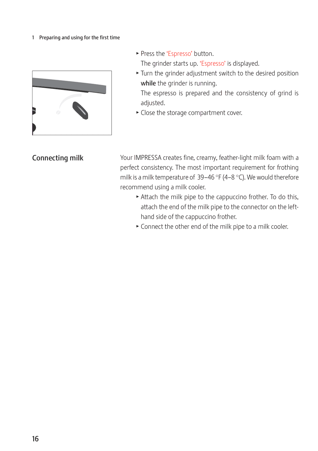 Jura Capresso 13637 manual Connecting milk, Recommend using a milk cooler, Hand side of the cappuccino frother 