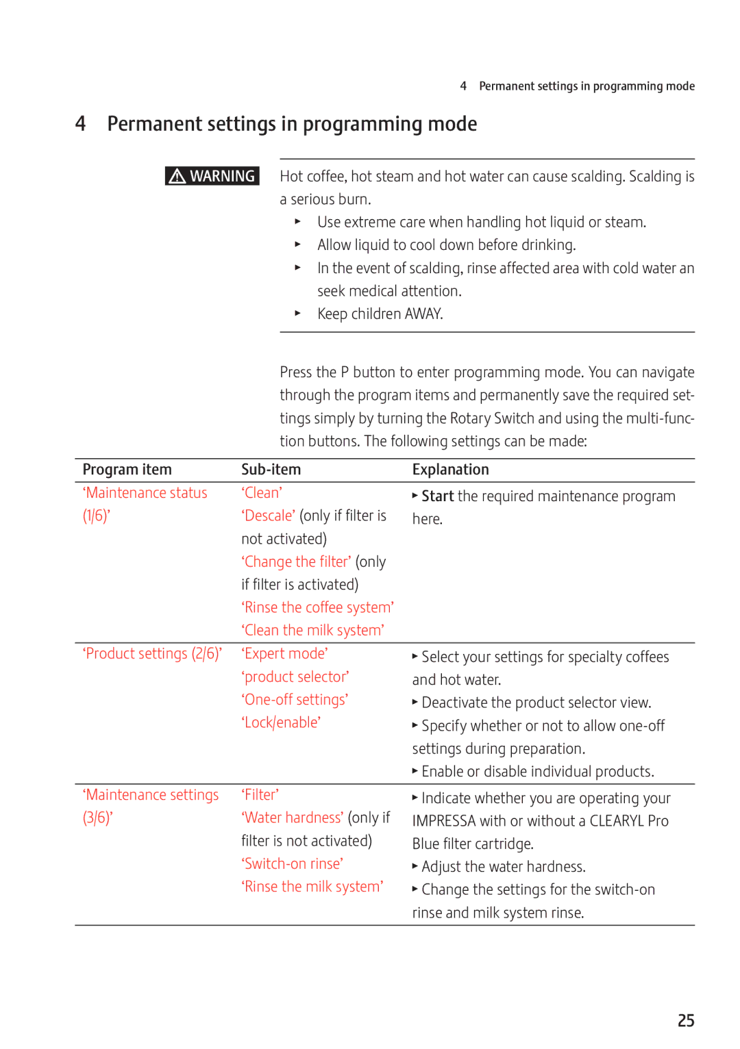 Jura Capresso 13637 manual Permanent settings in programming mode 