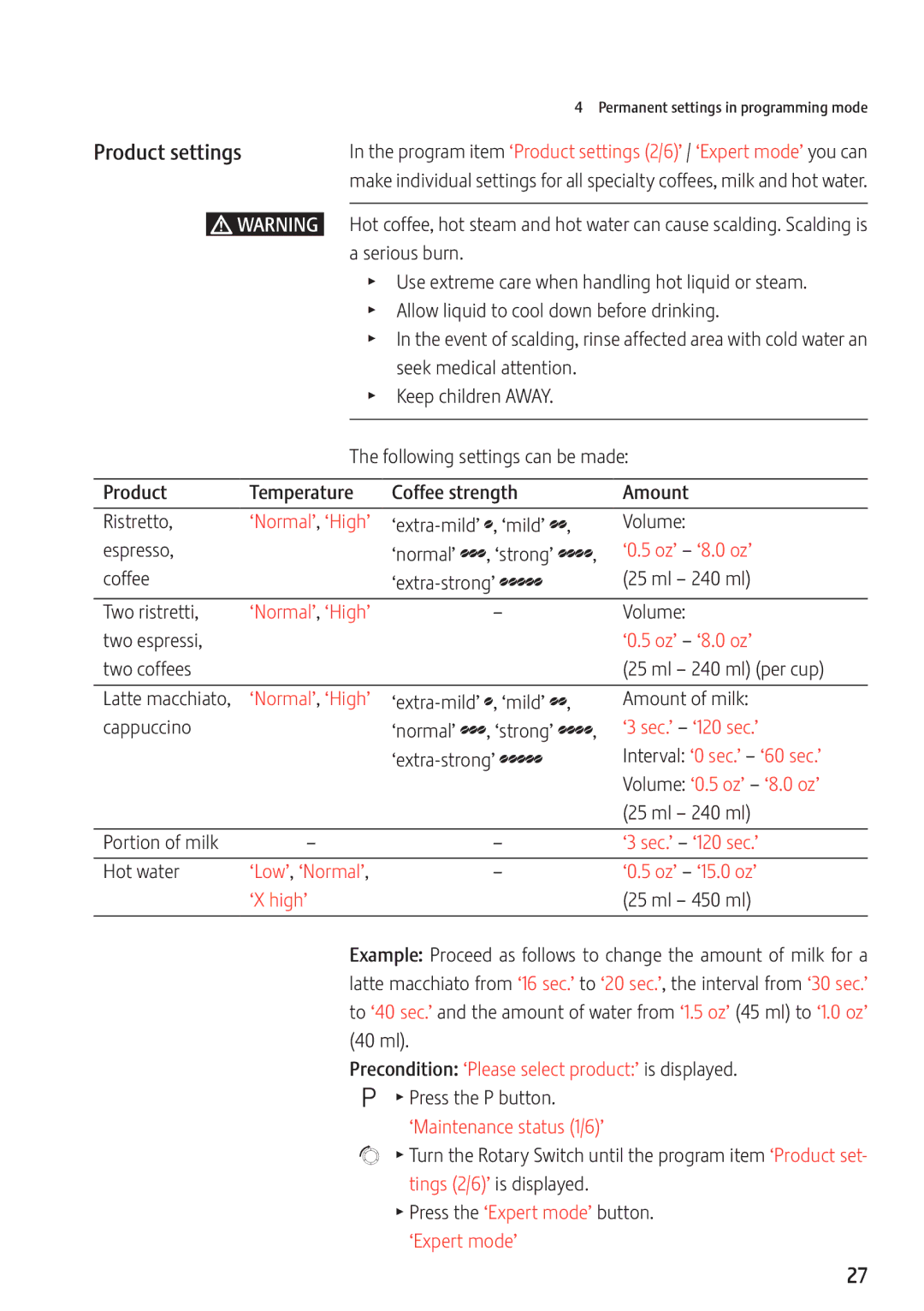 Jura Capresso 13637 manual Product settings 