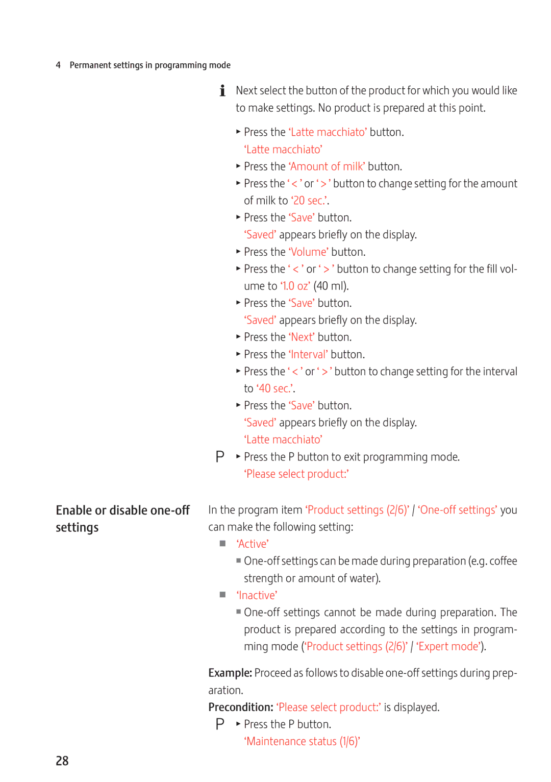 Jura Capresso 13637 manual Enable or disable one-off, Settings 