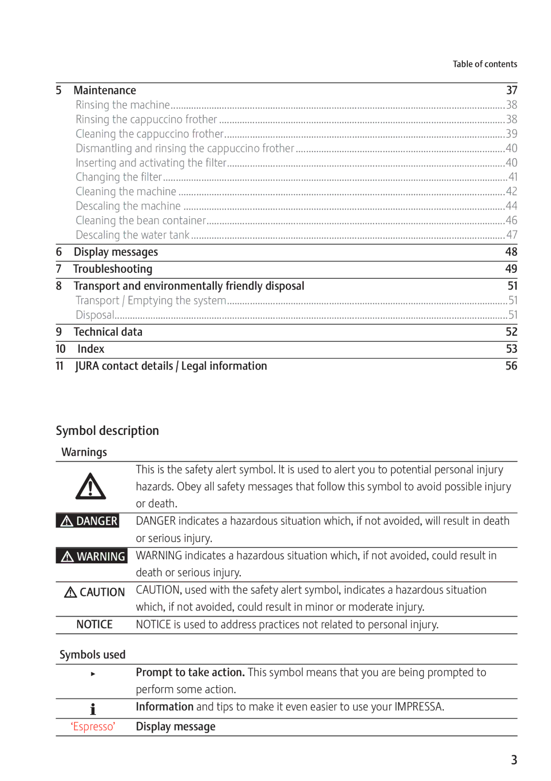 Jura Capresso 13637 manual Symbol description, Maintenance, Or death, Or serious injury 