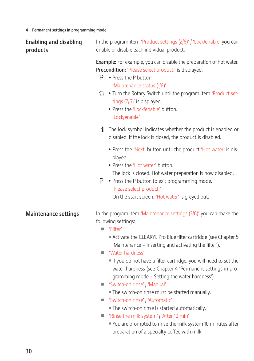 Jura Capresso 13637 manual Products, Maintenance settings 