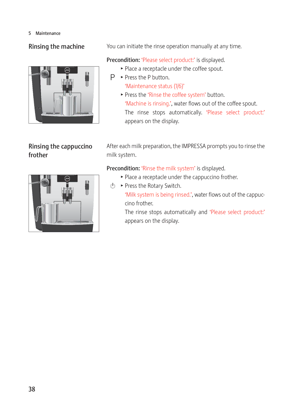 Jura Capresso 13637 manual Rinsing the machine, Rinsing the cappuccino, Frother, Press the ‘Rinse the coffee system’ button 