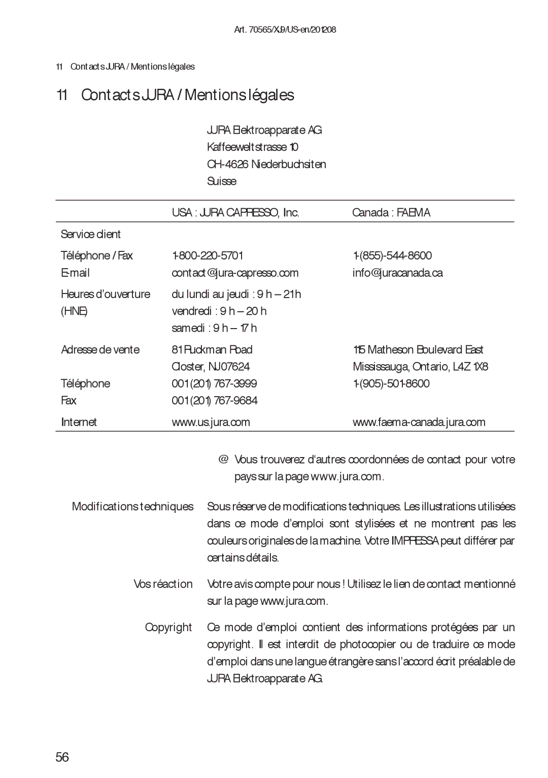 Jura Capresso 13637 manual Contacts Jura / Mentions légales 
