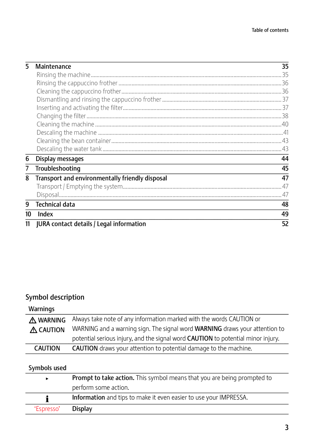 Jura Capresso 13637 manual Symbol description, Maintenance 